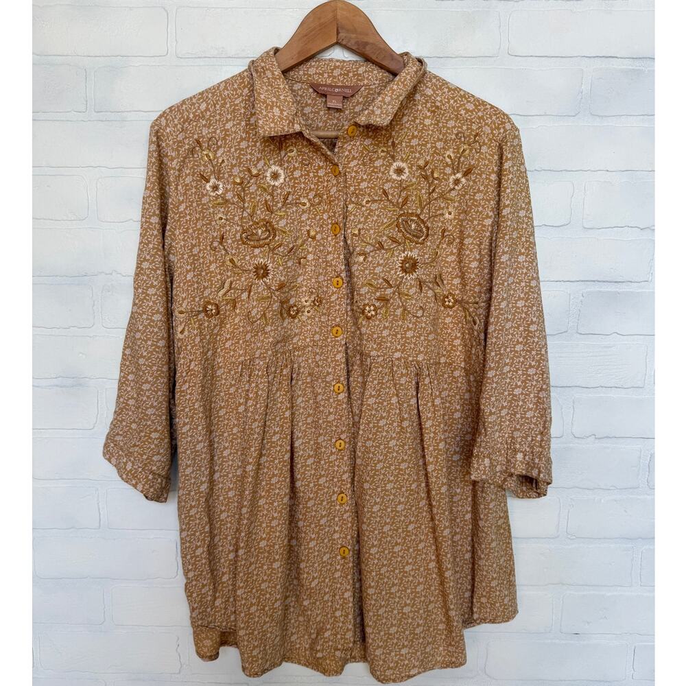April Cornell Yellow Boho Embroidered Flower Pheasant 3/4 Sleeve Top sz XL